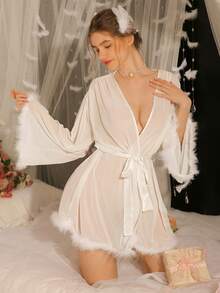 DelicateAllure Furry Decor Flare Sleeve Sheer Mesh Sexy Women Robe - White - View 4