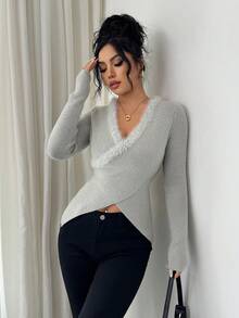 SHEIN Elenzya Women's Fashionable V-Neck Criss-Cross Knitted Sweater, Autumn/Winter - Grey - View 3