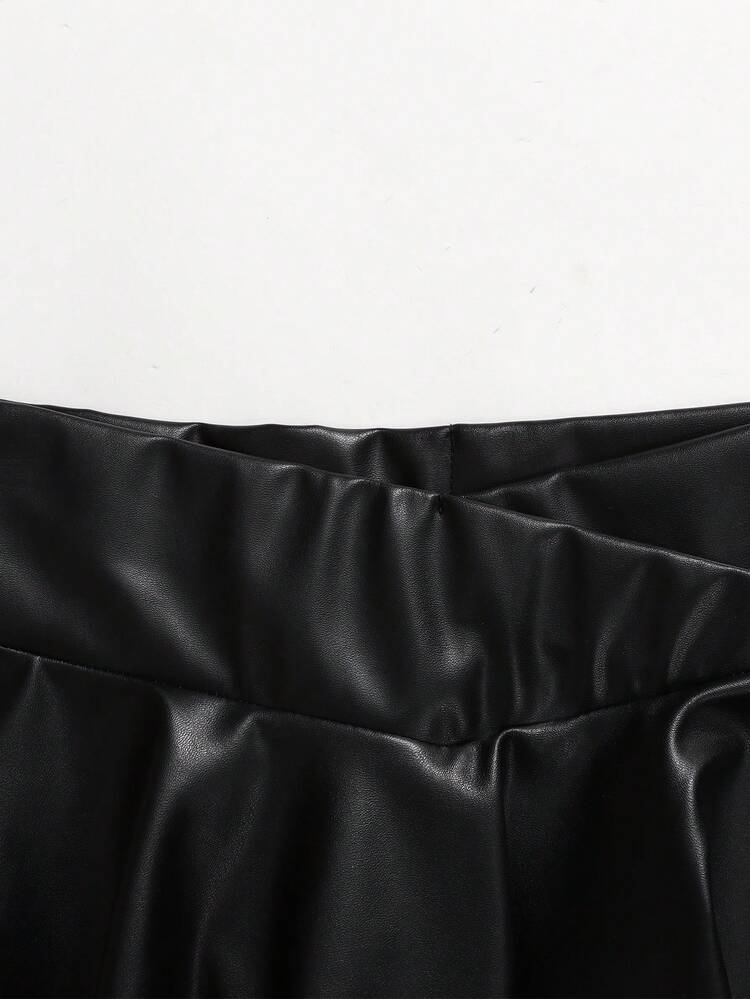 تنورة بخصر متقاطع مريحة بسيطة للفتيات المراهقات من جلد البولي يوريثان - الأسود - مشاهدة 3