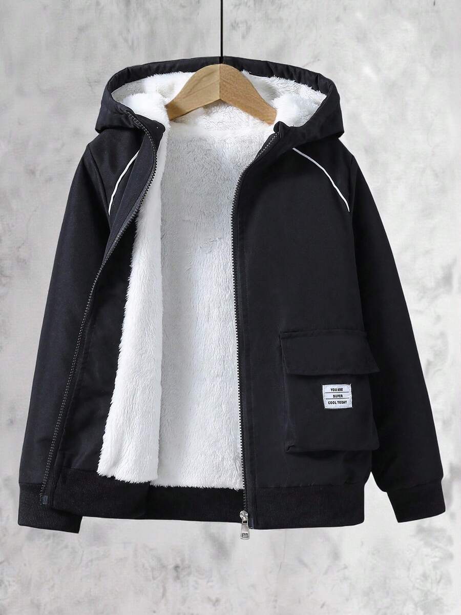 SHEIN Vacaura Tween Boy Letter Patched Detail Flap Pocket Raglan Sleeve Teddy Lined Hooded Jacket