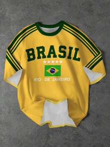 SHEIN Brazil Soccer Player, Casual Minimalist Round Neck Short Sleeve Loose T-Shirt, Suitable For Summer Brazil Shirt Kids Soccer Jerseys For Kids Soccer Shirt Boy Brazil Soccer Jersey Kids Kids Brazil Jersey - Multicolor - View 2