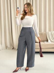 Vionelle Plus Size Women Elegant Plain Grey Floral Print Wide Leg Pants High Waist Office Everyday Autumn Pants,Oversized Tall Loose Pants - Dark Grey - View 3