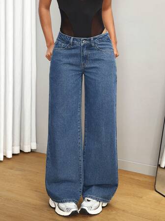 SHEIN Tall 女士休闲百搭带口袋宽松直筒牛仔裤