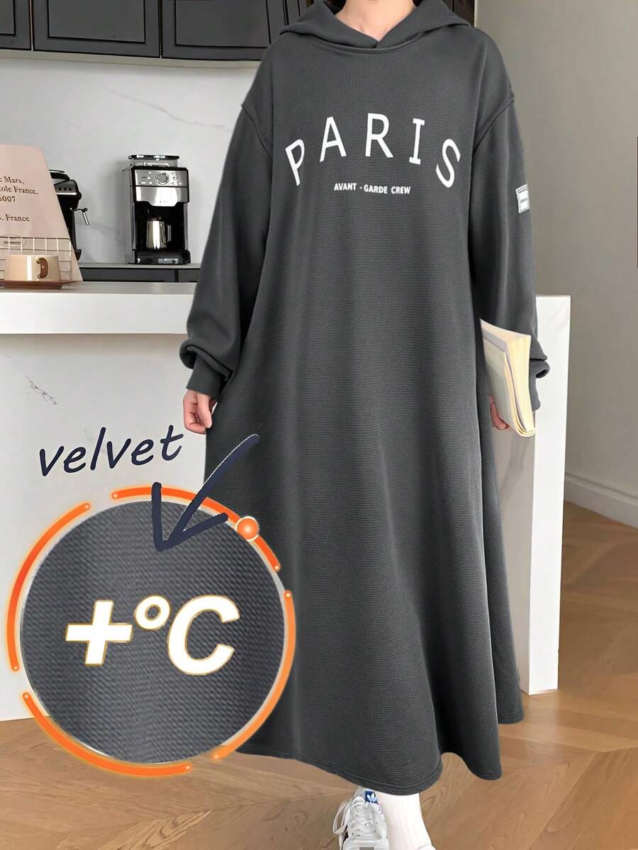 少女针织纯灰色英文印花连帽宽松长袖连衣裙