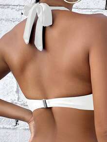 Swim Basics Summer Beach Solid Color Halterneck Swimwear Top - White - View 2