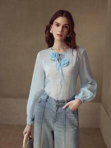 MOTF PREMIUM LINEN SOLID STEREO FLOWER TIE NECK LANTERN SLEEVE BLOUSE