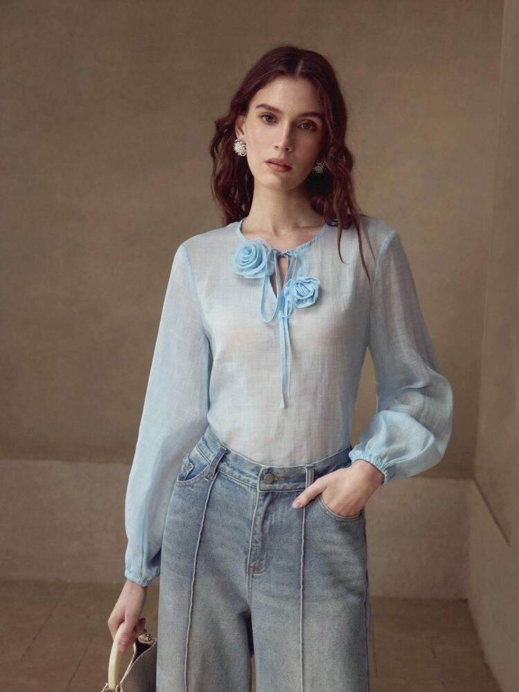 LINEN SOLID STEREO FLOWER TIE NECK LANTERN SLEEVE BLOUSE