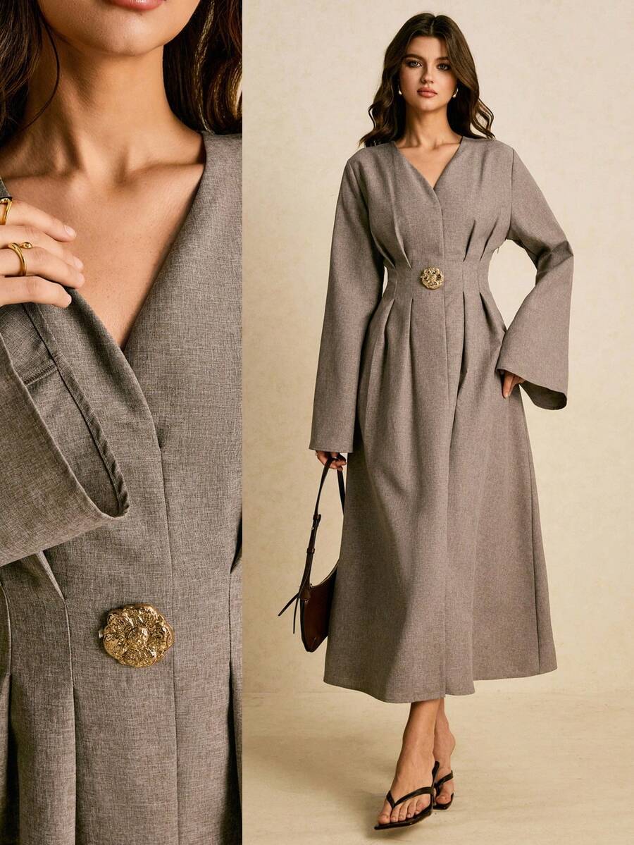 Poéselle Elegantes Damenkleid Einfarbig mit V-Ausschnitt, plissierten ausgestellten Ärmeln und geschlitztem Saum, Laternenärmelkleid, Langarmkleid - Khaki - Übersicht 1