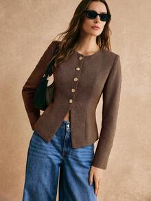 Poéselle 秋冬季人字纹粗花呢金属纽扣收腰长袖外套，内衬精致，金色纽扣，下摆开衩。 - 巧克力棕 - 查看 4