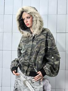 ROMWE Women's Kpop Camouflage Pattern Drop Shoulder Long Sleeve Fur Collar Casual Hooded Denim Jacket - Army Green - View 7