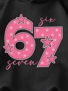 Tween Girl Casual Clothes With Polka Dot Five Pointed Star Pink Number 67 Letter Pattern Printed Basic Hooded Sweatshirt Suitable For Daily Wear - Black - View 4