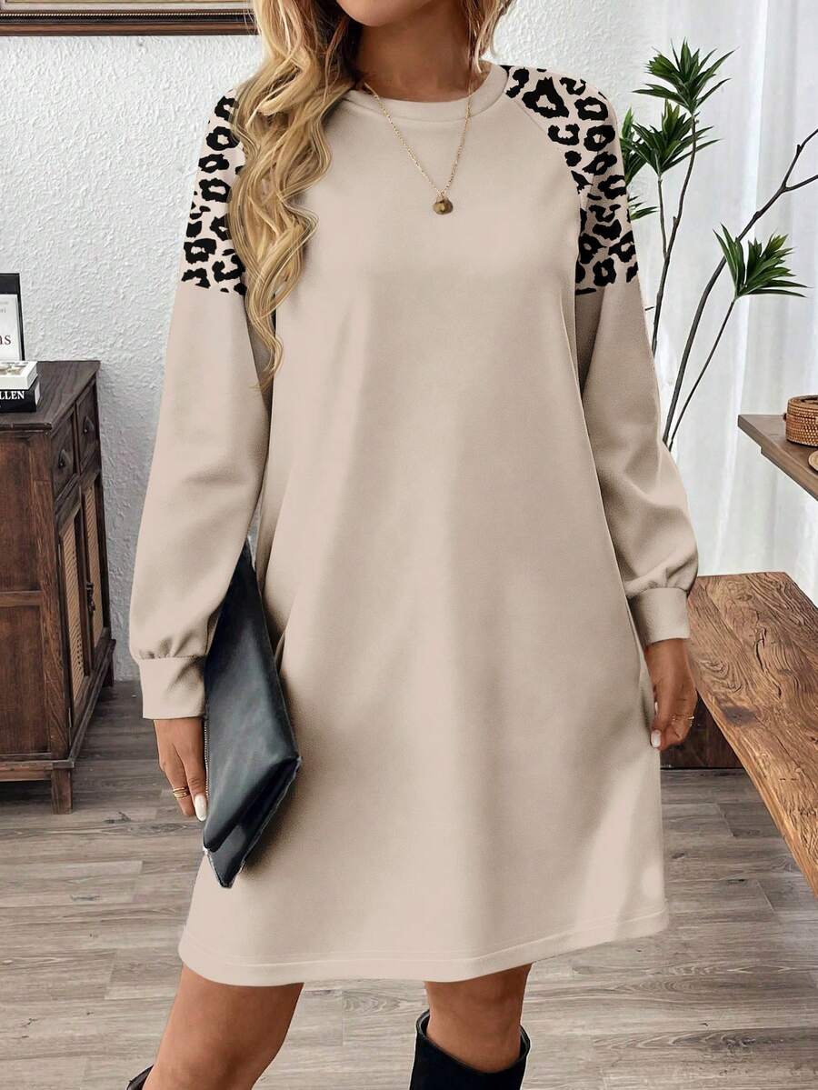 EMERY ROSE Casual Women's Khaki Leopard Print Long Sleeve Short Dress, Suitable For Autumn/Winter,Casual - Multicolor - View 1