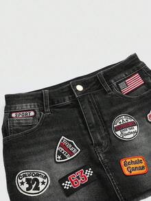 ROMWE Avant Vintage Distressed Retro Logo Denim Mini Skirt For Women - Black - View 3