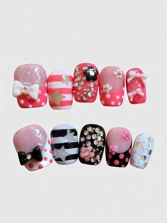 Kawaii Cute Lace Edged Romantic Heart Ballerina Style Bow White Wings Metal Music Note Pink Series Handmade False Nail Tips, Mass Produced Energetic Girl Wear, Suitable For Daily Outings And Dates