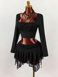 Amplova Vintage Black Autumn Goth 2-Piece Set,Square Collar Lace Semi-Sheer Mushroom Button Long Sleeve Top & Asymmetrical Double Layer Skirt Night Out Club - Black - View 3