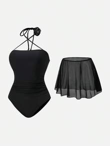 Sweetra Women's Elegant Palace Style Halter Princess One Piece Swimsuit With 3D Floral Decor, Ivory For Summer Beach Vacation