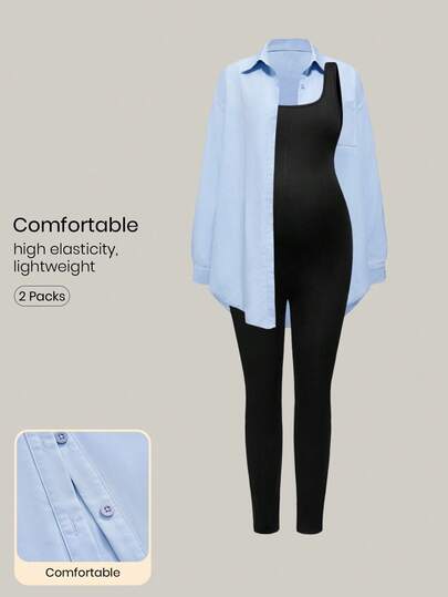 Modmama 2 piezas Conjunto de maternidad: Camisa de manga larga con botones de unicolor y pantalones tipo mono, informal