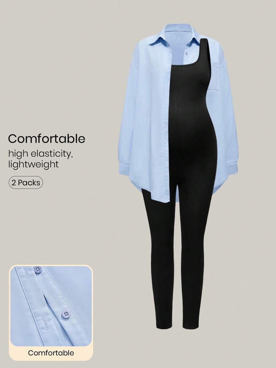 Modmama 2 pièces Ensemble de maternité : Chemise boutonnée à manches longues de couleur unie et pantalon-combinaison, décontracté