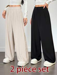 SHEIN PETITE Sommer Hoch Taillierte Hose Multi-Teile Set, Weite Bein Hose Hohe Taille Gefaltete Weite Bein Hose, Hose, Locker Sitzend, Lang Hose