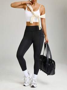 Dewbera Damskie legginsy do jogi/na zewnątrz/na siłownię z podwójnymi kieszeniami - Czarne - Zobacz 5