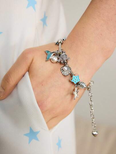 Y2Kool 1pc Fashionable And Unique DIY Handmade Beaded Bracelet With Rhinestones, Shells, Starfish, Faux Pearl, Star, Whale Tail, And Turtle Charms For Women. Adjustable And Detachable Copper Chain, Perfect For Beach, Vacation, Party, Casual And Daily Wear, Or As A Gift.