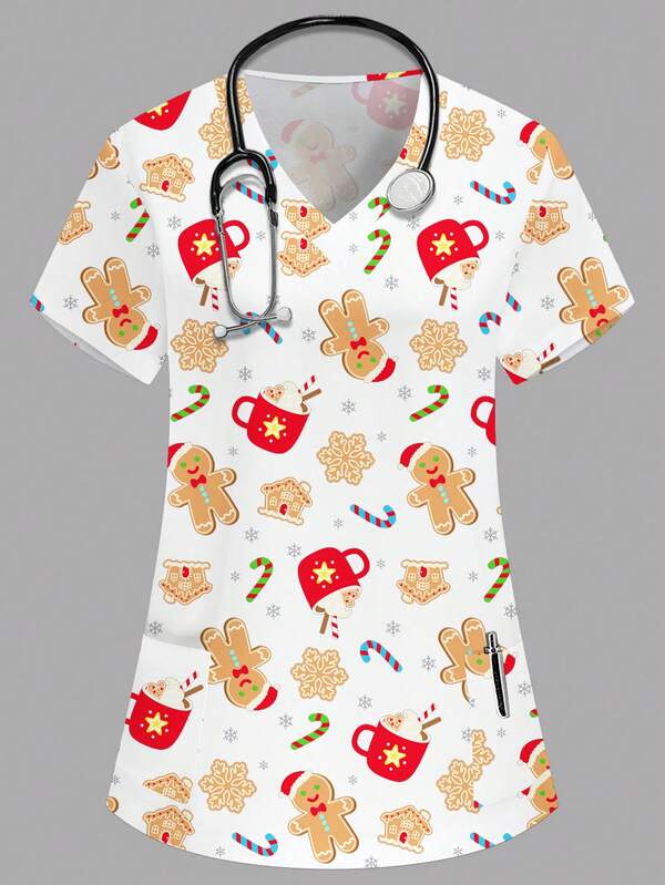 PopScrub Christmas V-Neck Short Sleeve Double Pocket Cute Gingerbread Man, Dessert, Candy Cane, Snowflake, Cartoon Print Nurse/Doctor Uniform Top/ Examination Surgical Uniform/Solid Color Pet Grooming Uniform Top/Nutritionist Workwear Short Sleeve/Multi-Pocket Functional Lab Coat, Festive Women Clothing For Christmas, Adorable & Joyful