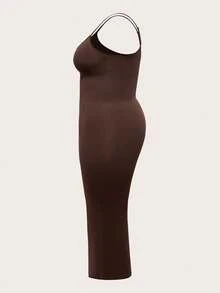 SHAPORA 大码女式纯色休闲吊带修身连衣裙 - 棕色 - 查看 5