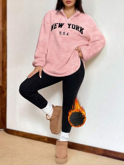 SHEIN EZwear Women's New Letter Pattern Stand Collar Double-Sided Fleece Sweatshirt And Tight Fleece Leggings Set, Autumn/Winter Cute Sweatshirt Oversized Sweatshirt Woman New York Outfits Women Sweat Shirts Women Comfy Outfits Women