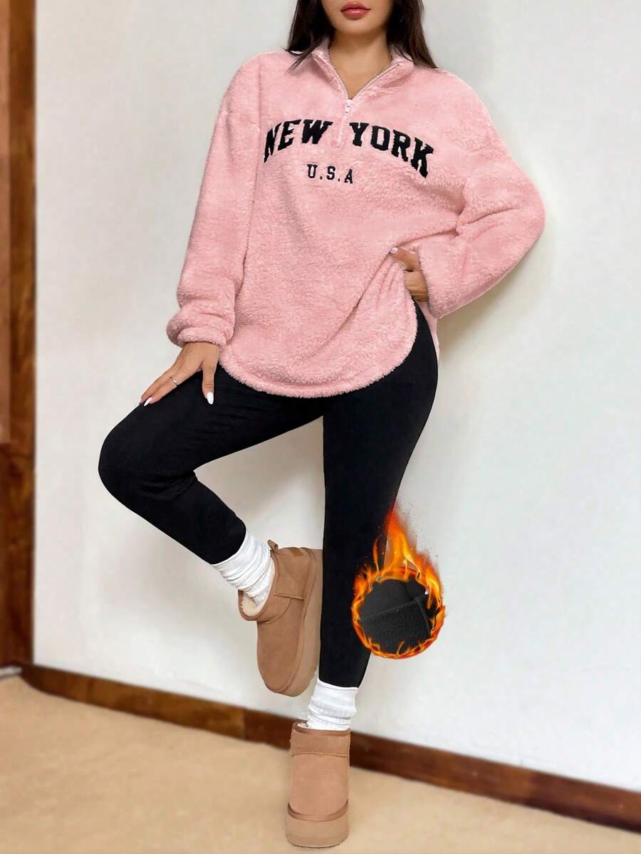 SHEIN EZwear 女式新款字母图案立领双面绒卫衣和紧身绒打底裤套装,秋冬 - 藕粉色 - 查看 1