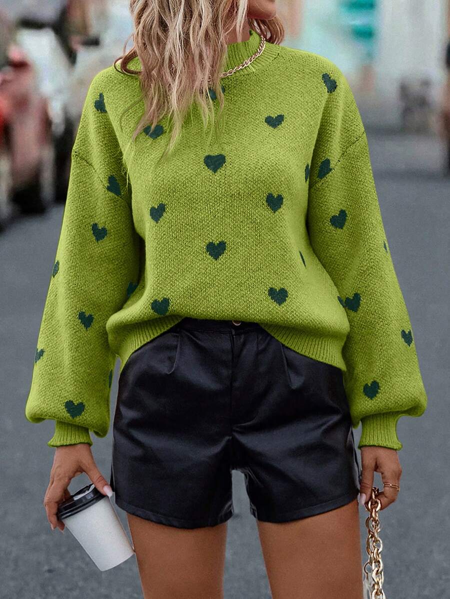 SHEIN LUNE Women's Heart Pattern Round Neck Drop Shoulder Long Sleeve Casual Loose Pullover Sweater, Autumn/Winter - Green - View 1