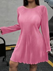SHEIN EZwear 大码休闲简约粉色圆领A字连衣裙，秋季 - 粉色 - 查看 3