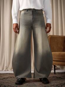 RivetRise Men's Casual Loose Fit Pocket Flared Leg Jeans, Baggy Regular Washed Grey Street Hang Out Distressed Jeans For Boyfriend & Husband - Grey - View 6