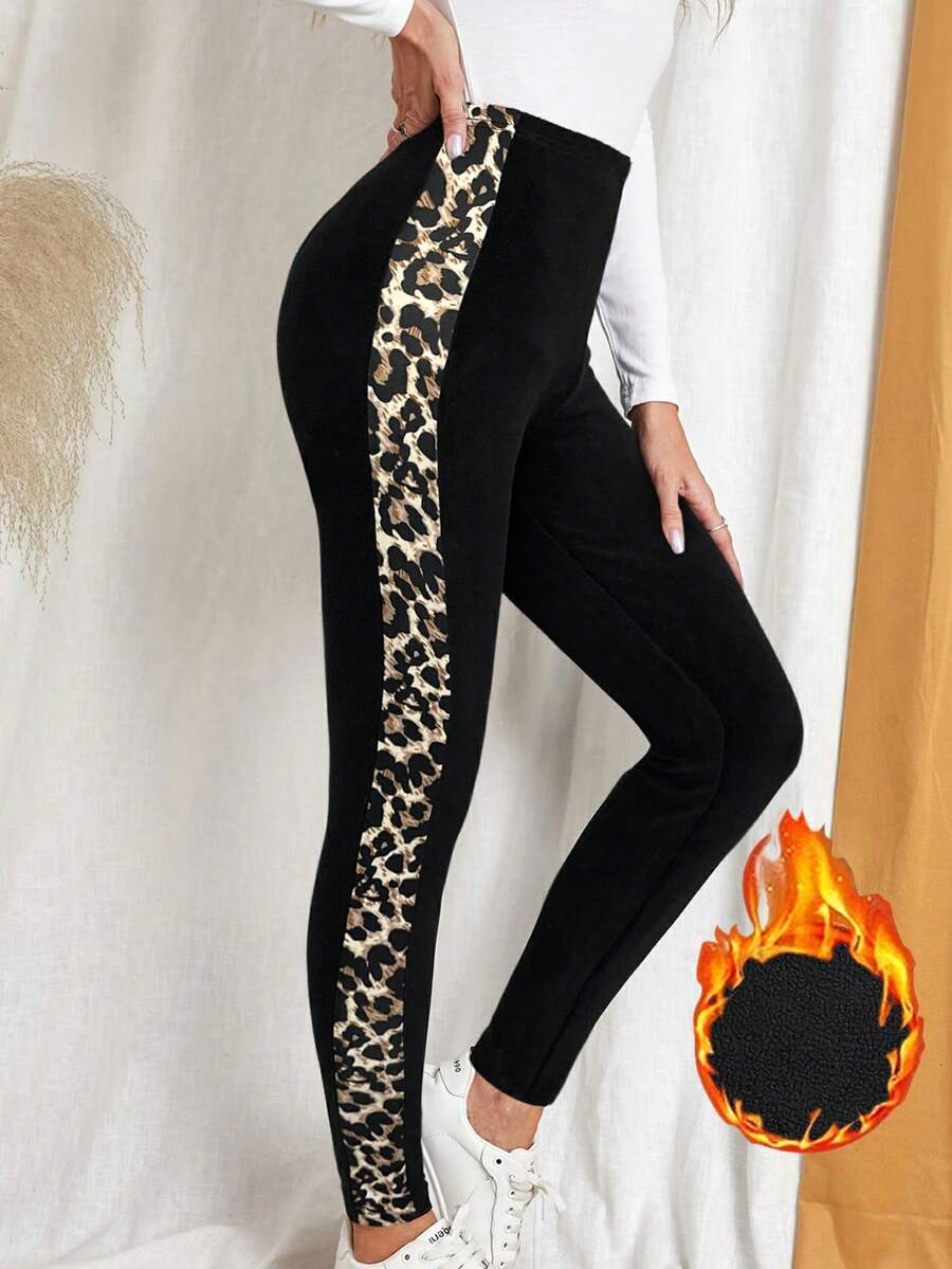 SHEIN LUNE 女士秋冬季休闲保暖打底衫，居家必备百搭单品，豹纹拼接保暖塑形打底裤，猎豹纹裤，豹纹印花裤，猎豹纹打底裤套装 - 黑色 - 查看 1