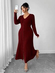 SHEIN Elenzya 1 件女式加大码优雅 V 领长袖喇叭下摆毛衣裙 - 酒紅色 - 查看 6