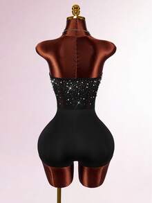 Amplova Bộ đồ liền thân mini hở lưng đính sequin và hạt cườm gợi cảm cho bữa tiệc - màu đen - Xem 7