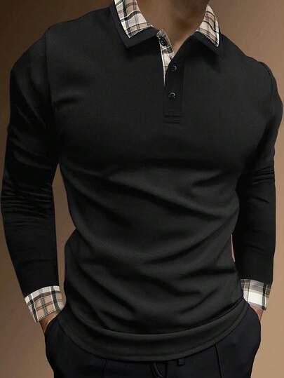 Manfinity Mode 男士格子印花 Polo 衫长袖纽扣领拼色休闲 Polo 衫，适合丈夫穿着，秋季