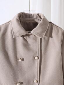 Tween Girls' Elegant Chic Academic Style Pearl Button Decor Long Sleeve Pocket Woolen Jacket, Khaki, Autumn/Winter - Khaki - View 5