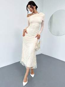 SHEIN X Scot Louie Firerie Váy ôm sát tay dài thêu lưới dành cho nữ, thanh lịch, tinh tế, lãng mạn, trang trọng, vai lệch, phù hợp cho các buổi hẹn hò, dạ hội, tiệc tùng, ngày lễ năm mới, thời trang - Màu be - Xem 11