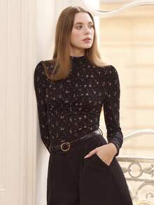 lacRébo ملابس علوية طويلة الأكمام ذات طبعة زهرية مع رقبة عالية ملمس مطاطي وفتحة خلفية في الرقبة، مناسبة للشتاء