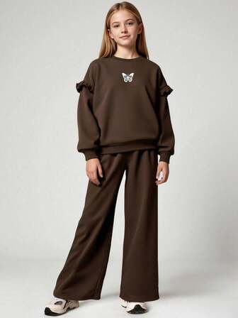 JNSQ Tween Girl 2pcs Outfit Set, Butterfly Print Fleece Sweatshirt & Pants, Suitable For Autumn/Winter Daily Wear, Outdoor Activities, Vacation, Streetwear, Party, Casual