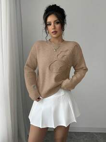 Elenzga pull femme col rond, motif floral, couleur unie - Kaki - Voir 6