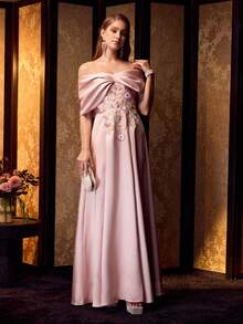 MOTF Soiréza WOMEN'S ELEGANT OFF-THE-SHOULDER FLOOR-LENGTH SATIN EVENING GOWN – SPARKLY SEQUIN FLORAL EMBROIDERY WITH GREEN LEAVES, FITTED SILHOUETTE FOR WEDDINGS, GALAS & FORMAL EVENTS & BLACK TIE GALAS, RED CARPET EVENTS, LUXURY WEDDING RECEPTIONS, AND AWARD CEREMONIES WEDDING PROM DRESS & FORMAL PARTIES - Pink - View 7