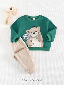 Cozy Pixies 两件套男婴卡通熊图案针织柔软圆领长袖套头衫和纯色保暖内衬裤套装