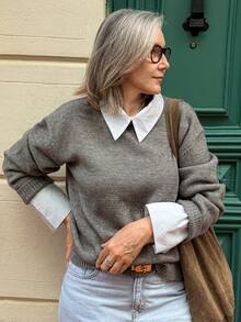 Vivie Lora Women's Colorblock Collared Loose Knit Sweater School - Grey - View 5
