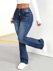 SHEIN PETITE Women's Casual Versatile Flared Jeans With Pockets - Dark Wash - View 4