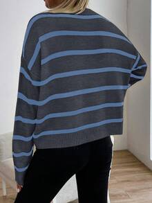 EMERY ROSE Casual Round Neck Black & White Striped Pullover Sweater, College Style - Dark Grey - View 2