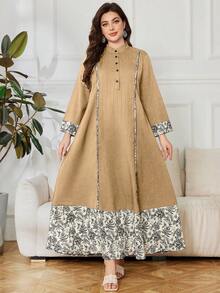 Lacomfia Plus Size Casual Printed Patchwork Long Sleeve Loose Fit Dress, Spring/Autumn Fall - Khaki - View 4