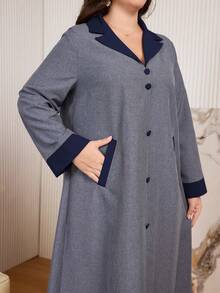 Al Najma Casual Color Block Button Decor Long Sleeve Loose Regular Dress, Plus Size, Spring/Autumn - Multicolor - View 1