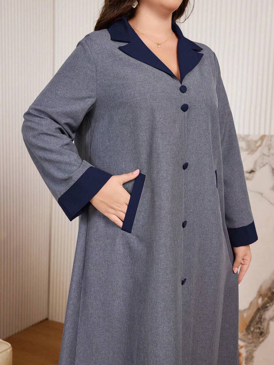 Al Najma Casual Color Block Button Decor Long Sleeve Loose Regular Dress, Plus Size, Spring/Autumn - Multicolor - View 1