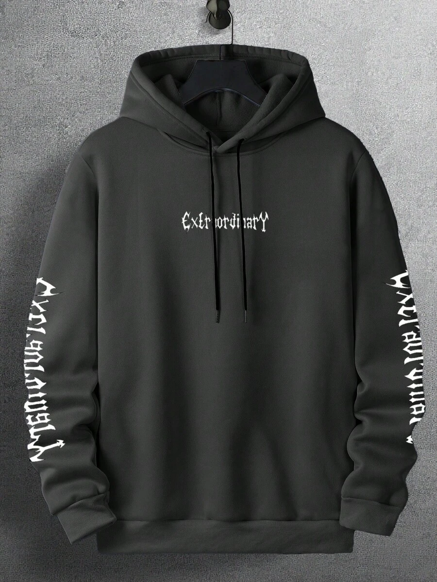 EURMUSE Men's Gothic English Print Hooded Sweatshirt, Streetwear Style - Dark Grey - View 1